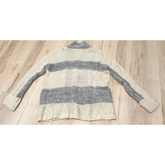 Skies Are Blue Medium Cardigan Open Front Chunky Knit Cream Gray Stripe New - Picture 2 of 9